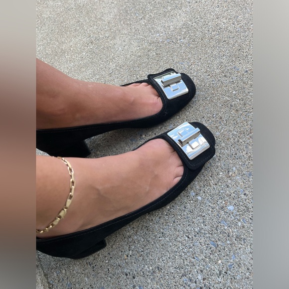 Prada Pumps Shoes Sz 37 Suede Silver Buckle Chunky Heel - Picture 2 of 7